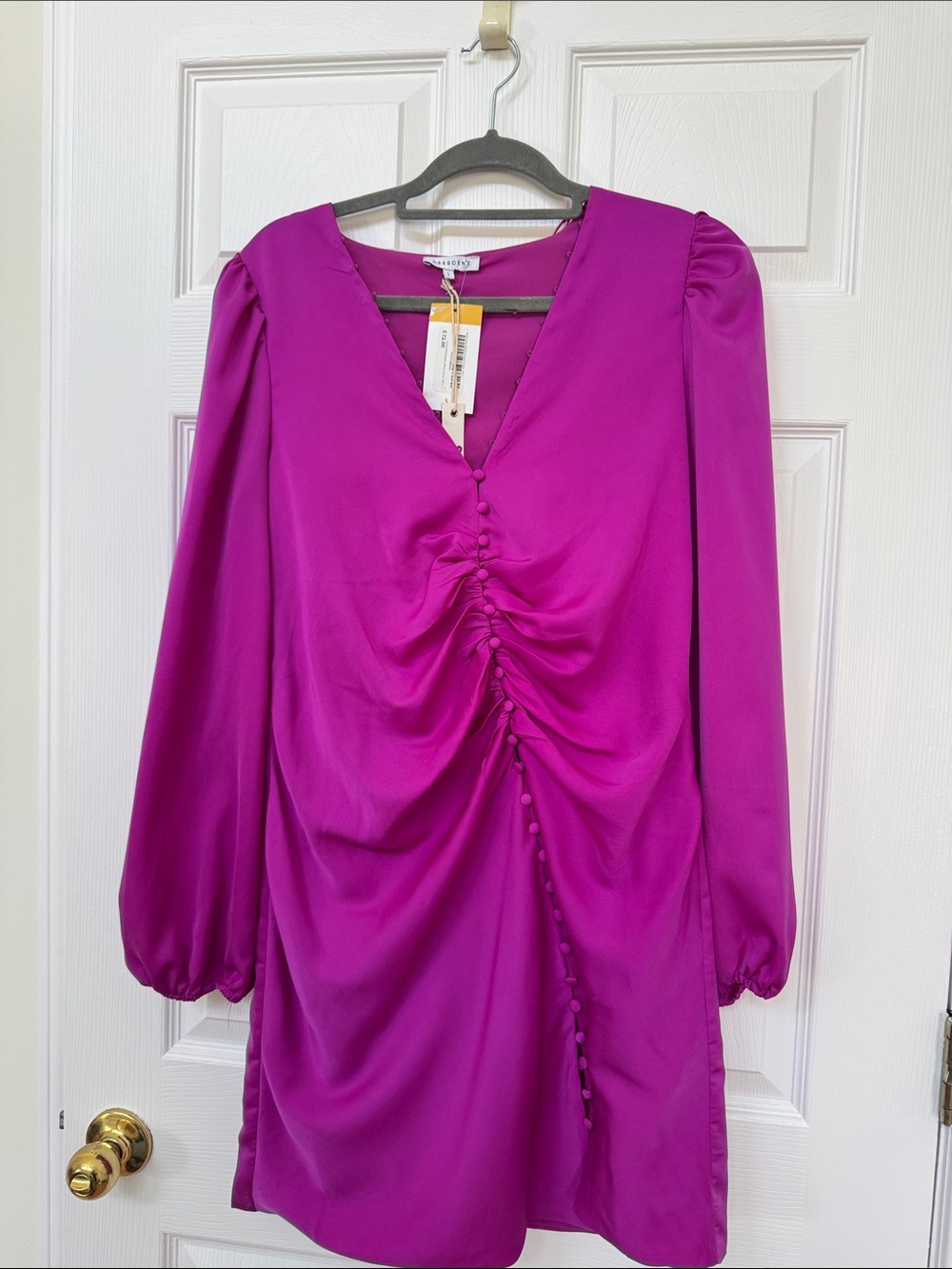 Crescent Magenta Ruched V-Neck Long Sleeve Dress